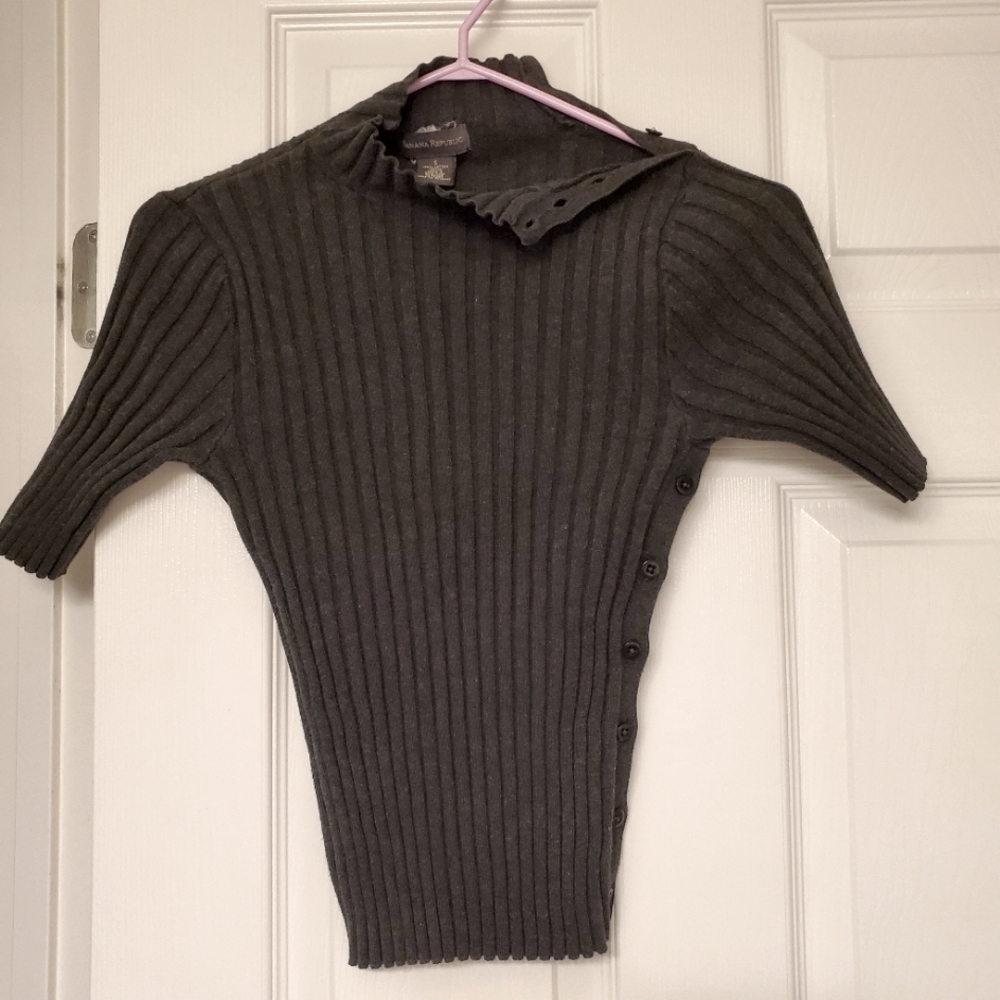 Banana Republic Cowl Neck Sweater Ribbed Knit Casual Short Sleeves Stretch Gray
